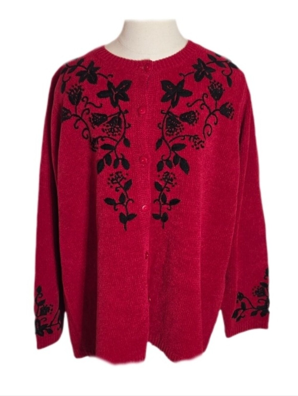 Denim & Co. Cardigan Red Embroidered Floral Red Plus Size 1X